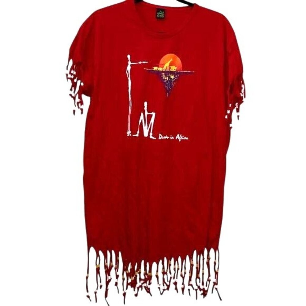Red Fringe Hem T-Shirt By Punch With Dawn In Africa Graphic Design 100% Cotton F